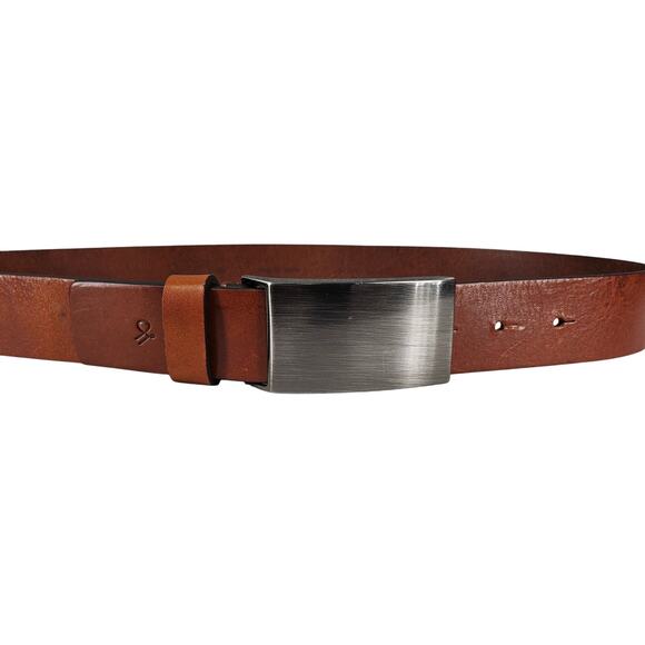 MADE IN ITALY MEN’S BROWN LEATHER BELT BRUSHED STEEL BUCKLE • SIZE 90 (31"–34") - Picture 1 of 8